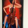 A Girl with Cello. Acrylic painting on Stretched canvas 24x36x.5. Varnished, Framed with wood black frame.