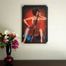 A Girl with Cello. Acrylic painting on Stretched canvas 24x36x.5. Varnished, Framed with wood black frame.