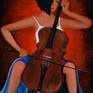 A Girl with Cello. Acrylic painting on Stretched canvas 24x36x.5. Varnished, Framed with wood black frame.