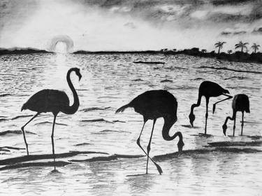 Flamingoes at seashore thumb