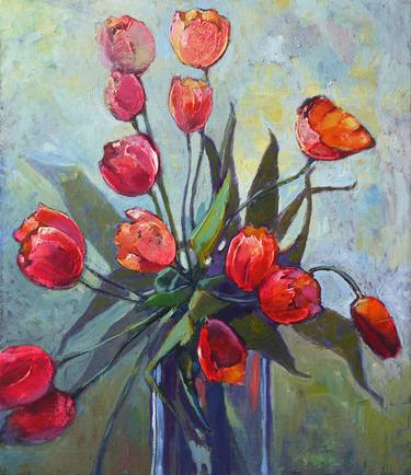 Tulip Flower Red Original Oil Painting Heavy Texture Impasto thumb