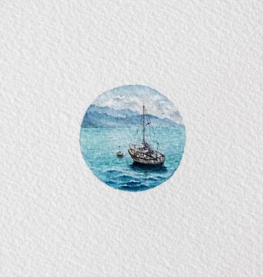 Boat on a Lake, Mountain View, Watercolor Miniature thumb