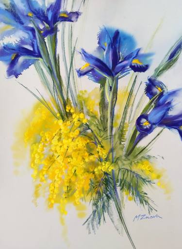 The colors of spring. Irises and mimosa thumb