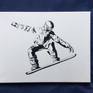 A painting of an airbourne snowboarder doing his stuff, executed in a positive / negative style and catching that special dramatic moment of the scene. It is on narrow edge canvas, ready to hang.