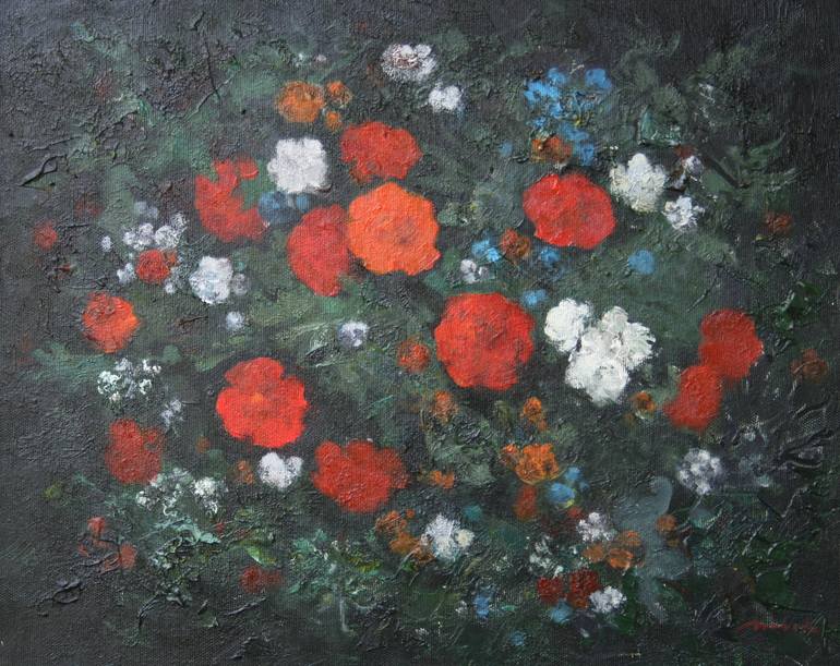 Landscape with a bouquet of flowers in the garden Painting by Movila ...
