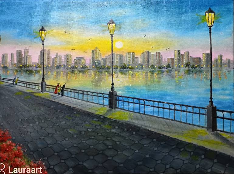Original Architecture Painting by Laura Livetskiy | Contemporary Art on Canvas | Sunset in New York