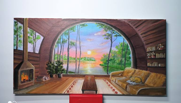 Original Sunset Painting by Laura Livetskiy | Contemporary Art on Canvas | Chilling by the fire place