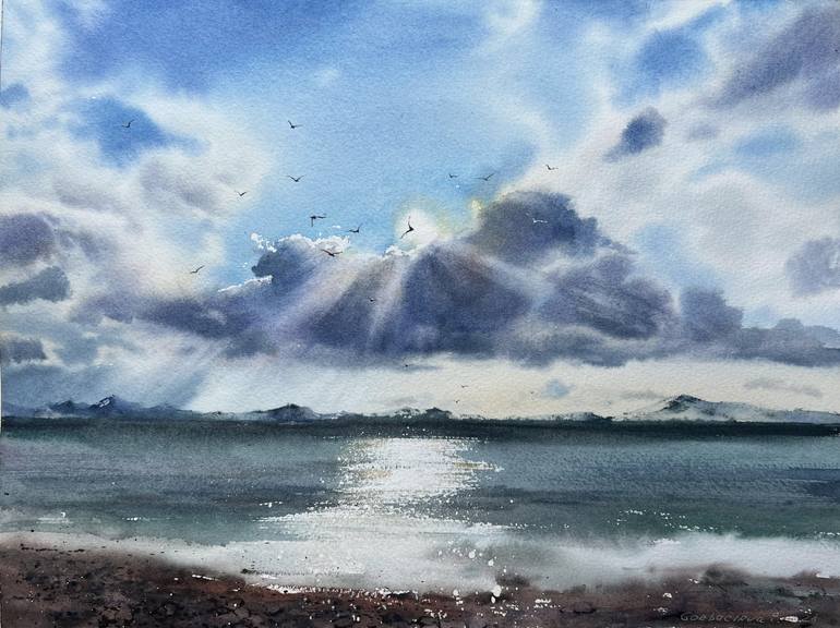 Original Seascape Painting by Eugenia Gorbacheva | Expressionism Art on Paper | Sea in the sun #2