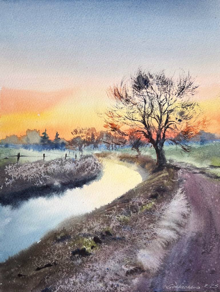 Tree by the river Sunset Painting by Eugenia Gorbacheva | Saatchi Art