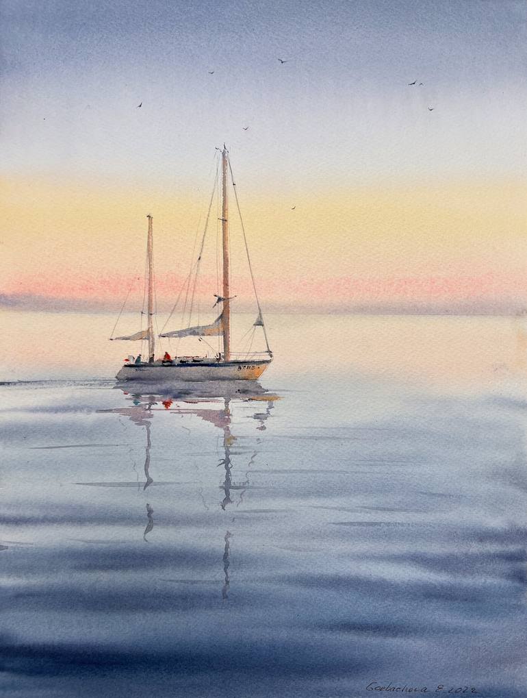 Sailing (Original Line Art, Pencil charcoal watercolour on paper