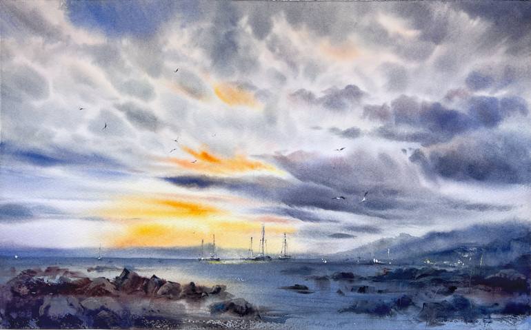 Original Seascape Painting by Eugenia Gorbacheva | Expressionism Art on Paper | Sunset on the sea #12
