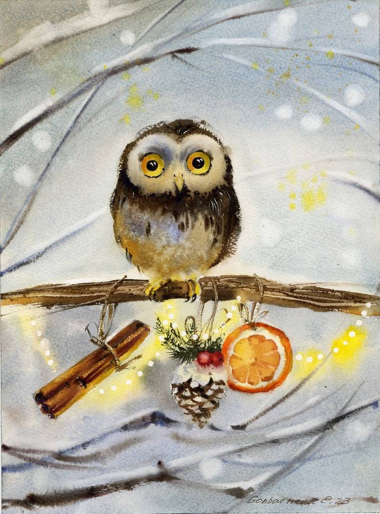 Original Animal Painting by Eugenia Gorbacheva | Expressionism Art on Paper | Owl with New Year’s gifts Original Animal Painting by Eugenia Gorbacheva | Expressionism Art on Paper | Owl with New Year’s gifts