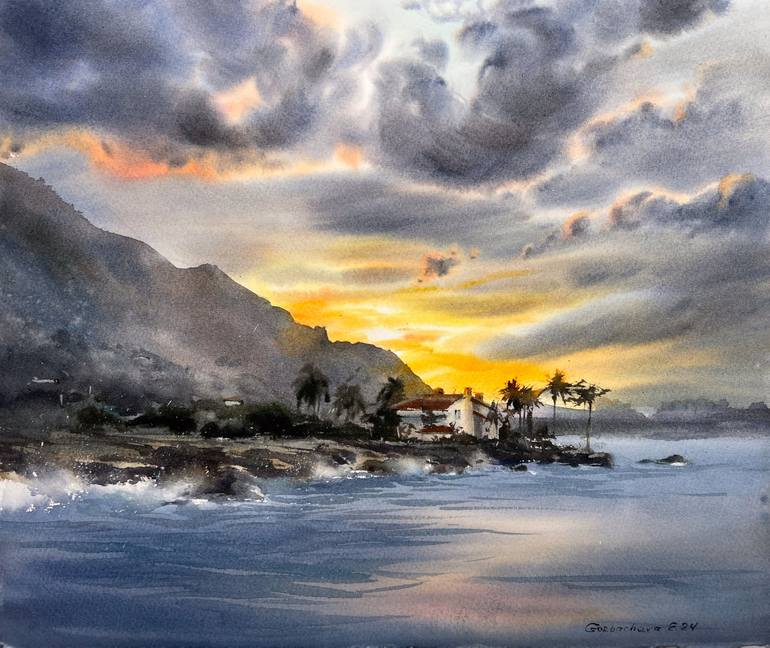 Original Seascape Painting by Eugenia Gorbacheva | Expressionism Art on Paper | Sunset in the clouds