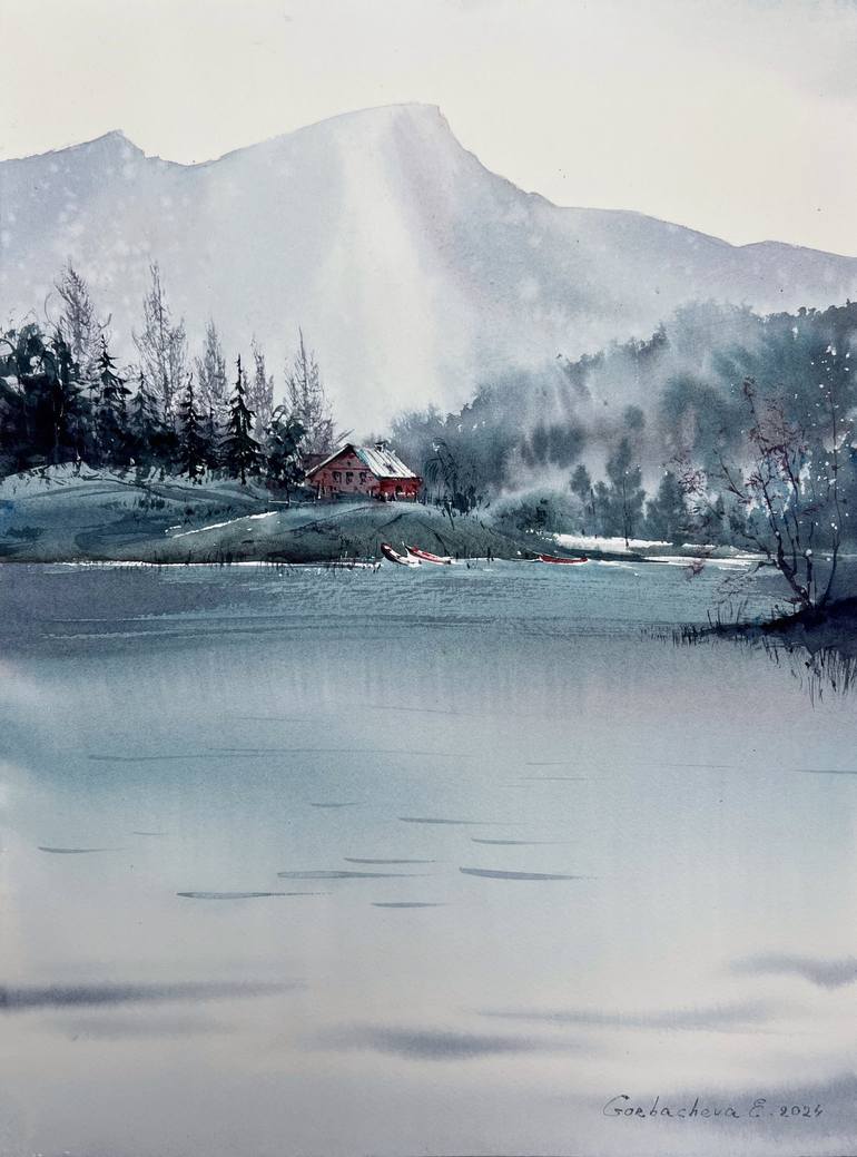 Original Landscape Painting by Eugenia Gorbacheva | Expressionism Art on Paper | House by the lake