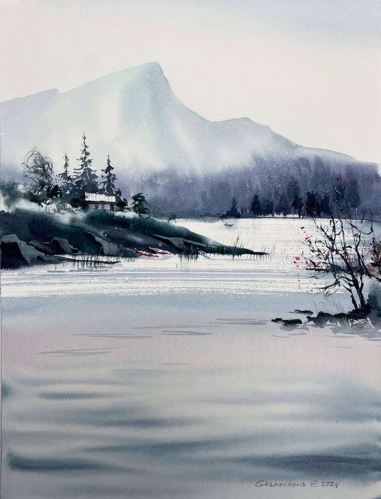 Original Landscape Painting by Eugenia Gorbacheva | Expressionism Art on Paper | House by the lake #2