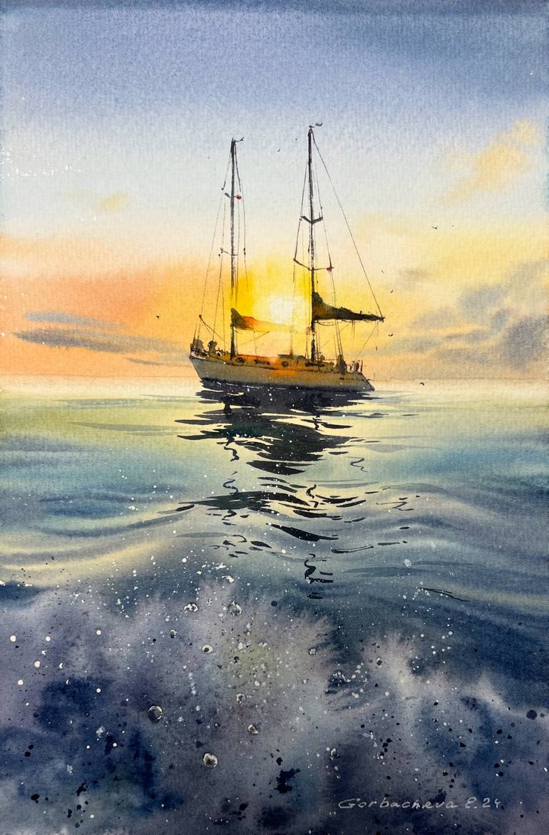 Original Seascape Painting by Eugenia Gorbacheva | Expressionism Art on Paper | Yacht in the sea at sunset #11
