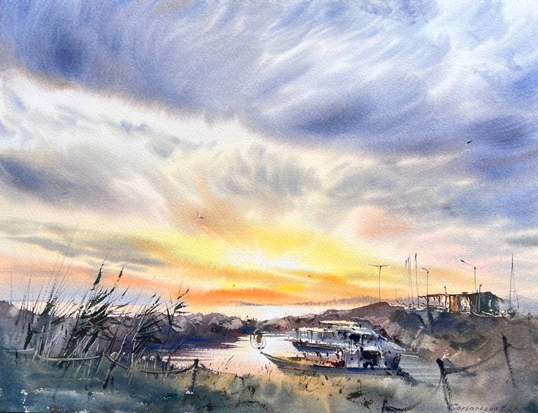 Original Seascape Painting by Eugenia Gorbacheva | Expressionism Art on Paper | Boats on the pier Sunset #4