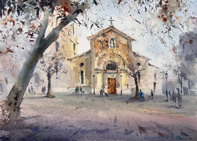 Original Architecture Painting by Eugenia Gorbacheva | Expressionism Art on Paper | Whispers of Winter in Valencia