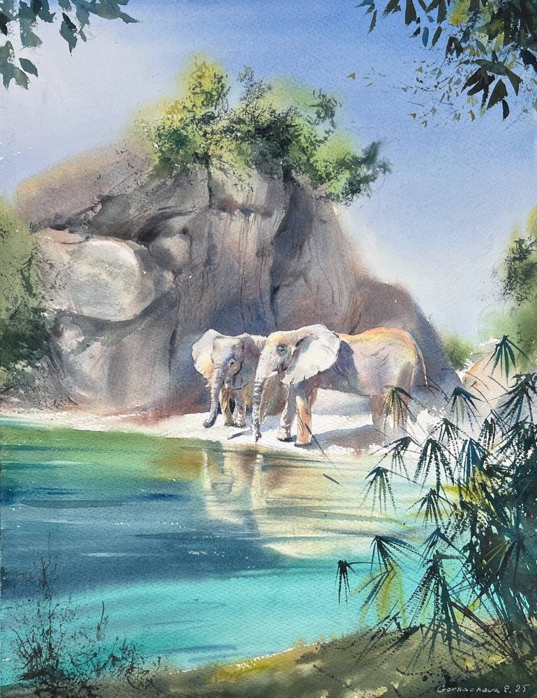 Original Animal Painting by Eugenia Gorbacheva | Expressionism Art on Paper | Elephants by the Lake