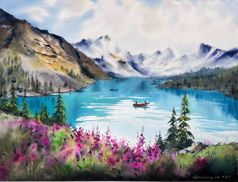 Original Landscape Painting by Eugenia Gorbacheva | Expressionism Art on Paper | Echoes of the Blue Lake