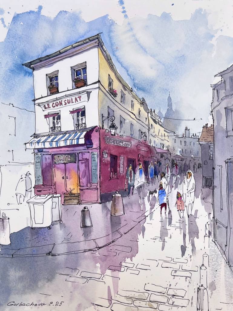 Original Architecture Painting by Eugenia Gorbacheva | Expressionism Art on Paper | The Heart of Montmartre