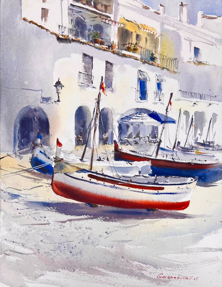 Original Architecture Painting by Eugenia Gorbacheva | Expressionism Art on Paper | Sunlit Boats of Calella