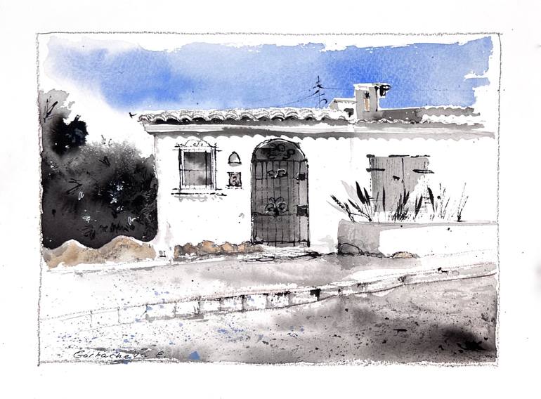 Original Architecture Painting by Eugenia Gorbacheva | Expressionism Art on Paper | Door to Spanish Silence