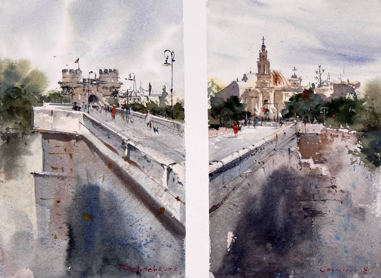 Original Architecture Painting by Eugenia Gorbacheva | Expressionism Art on Paper | Serrans Bridge Views(Diptych)