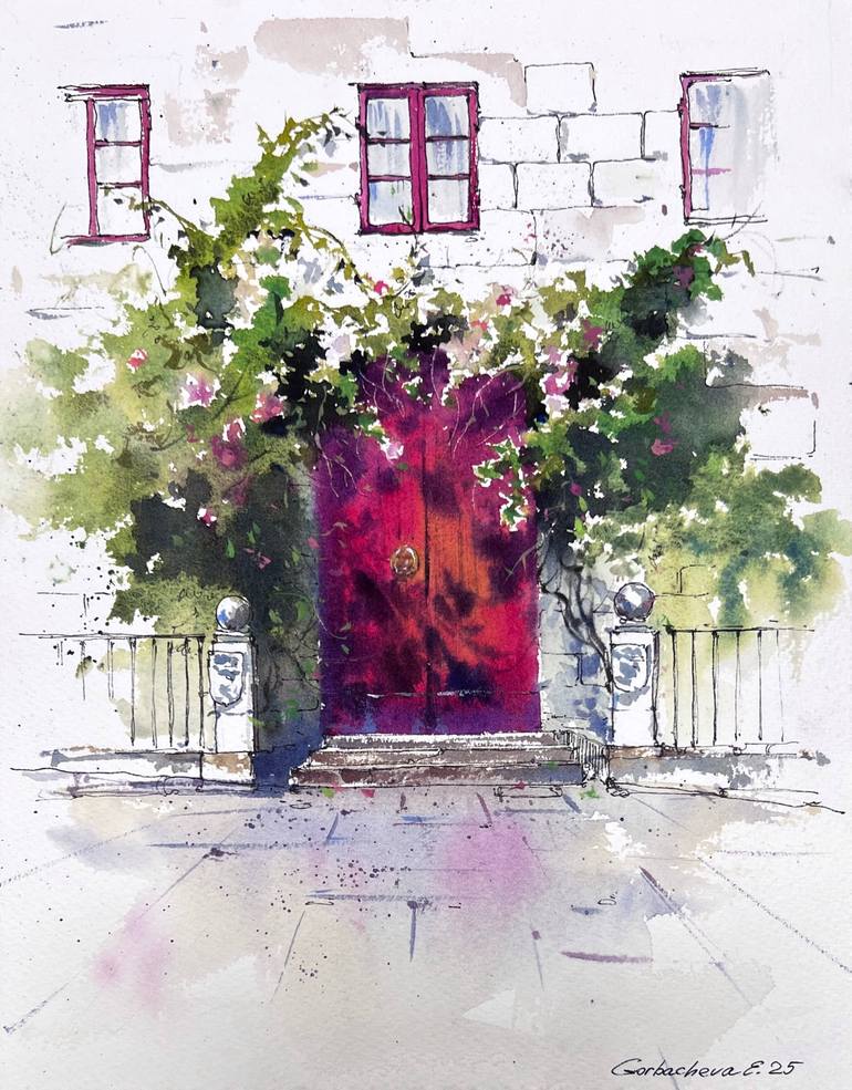 Original Architecture Painting by Eugenia Gorbacheva | Expressionism Art on Paper | The Red Door of Spain