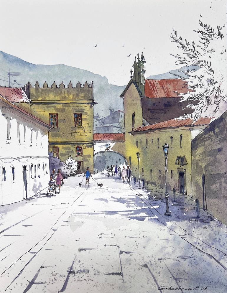 Original Architecture Painting by Eugenia Gorbacheva | Expressionism Art on Paper | Streets of Galicia, Spain
