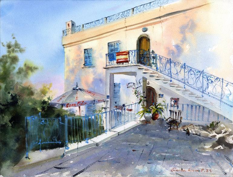 Original Architecture Painting by Eugenia Gorbacheva | Expressionism Art on Paper | Cyprus Afternoon
