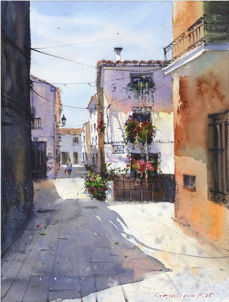 Original Architecture Painting by Eugenia Gorbacheva | Expressionism Art on Paper | Spanish Morning