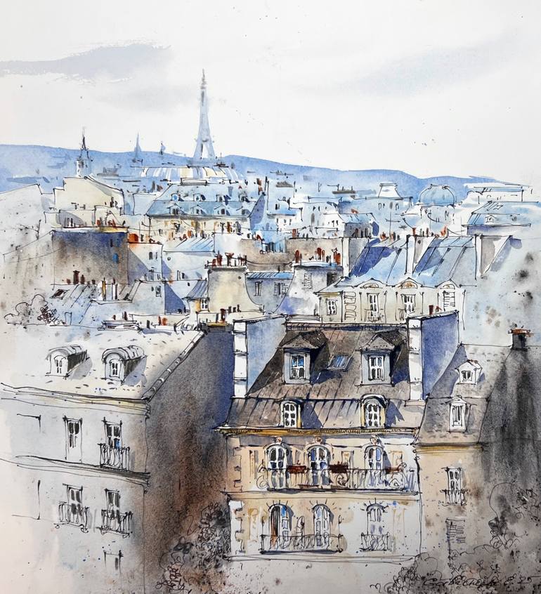 Original Architecture Painting by Eugenia Gorbacheva | Expressionism Art on Paper | Blue hour of Paris