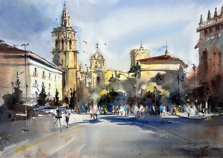 Original Architecture Painting by Eugenia Gorbacheva | Expressionism Art on Paper | Light on the Reina