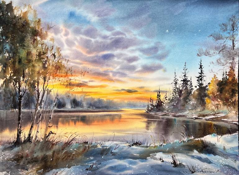 Original Landscape Painting by Eugenia Gorbacheva | Expressionism Art on Paper | Sunset on the Ice