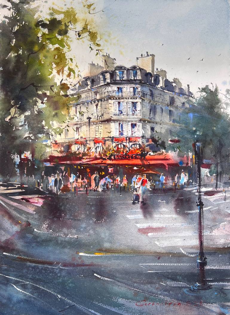 Original Architecture Painting by Eugenia Gorbacheva | Expressionism Art on Paper | Cafe Rouge Memories