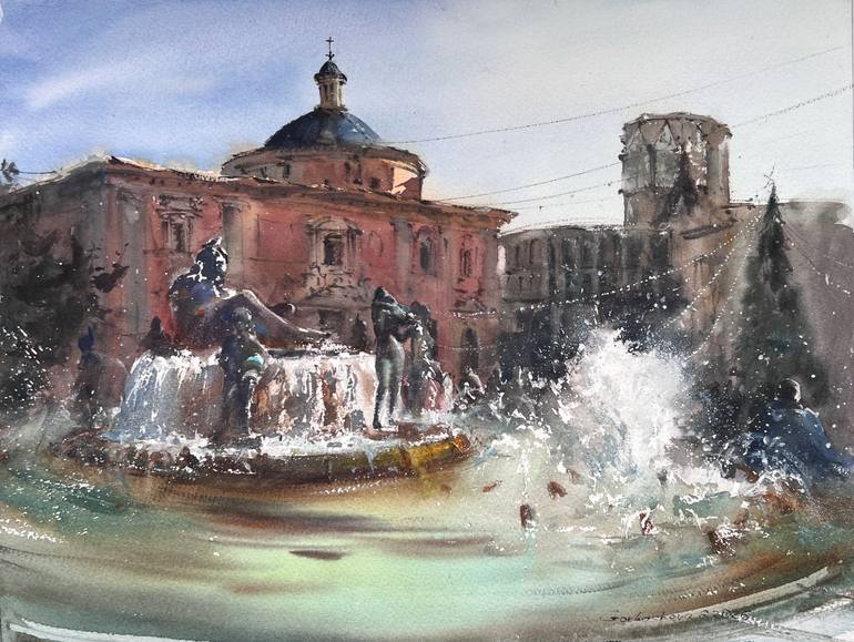 Original Architecture Painting by Eugenia Gorbacheva | Expressionism Art on Paper | Valencia Fountain Song