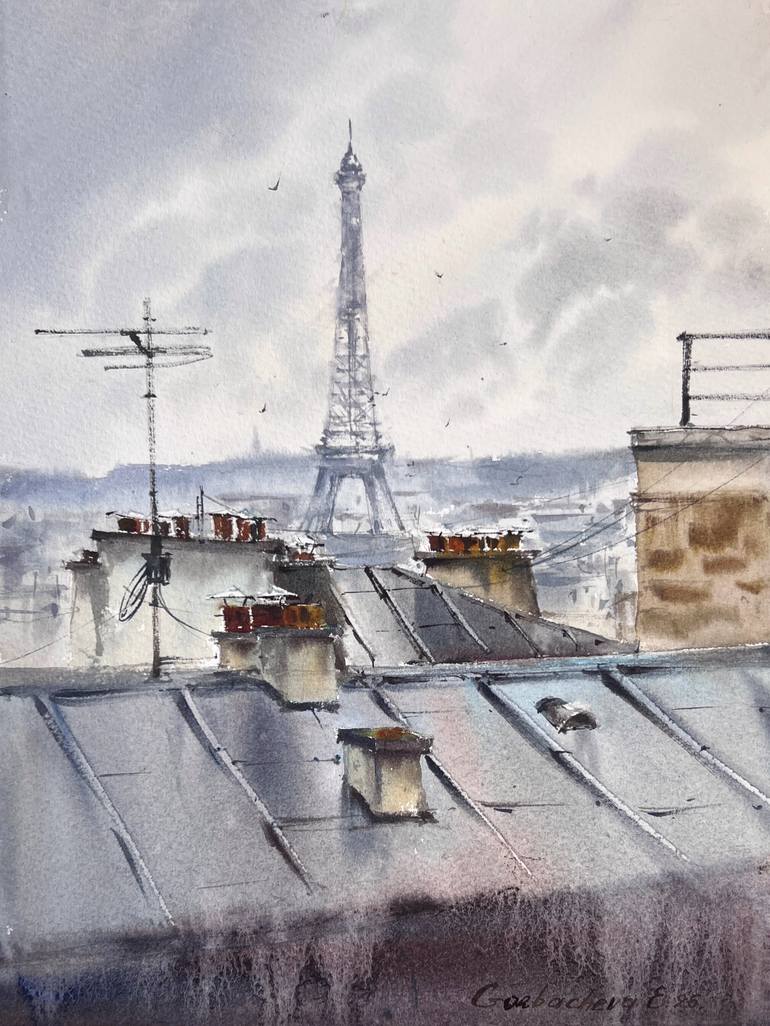 Original Architecture Painting by Eugenia Gorbacheva | Expressionism Art on Paper | Grey Skies of Paris