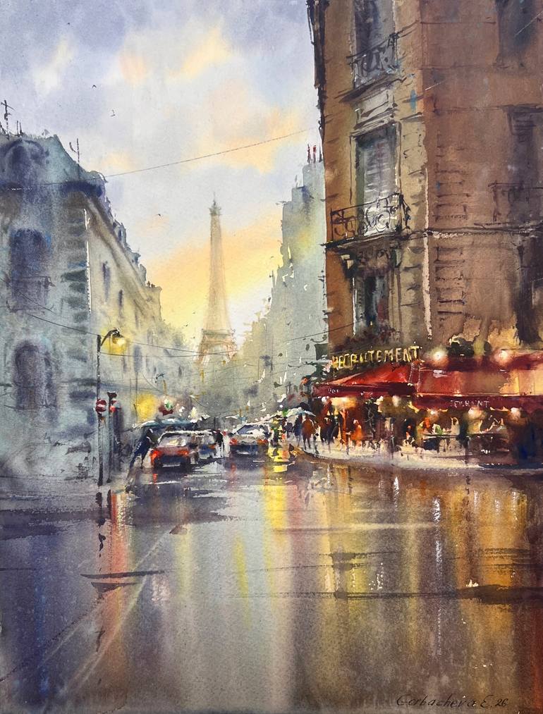 Original Architecture Painting by Eugenia Gorbacheva | Expressionism Art on Paper | Paris in Golden Rain