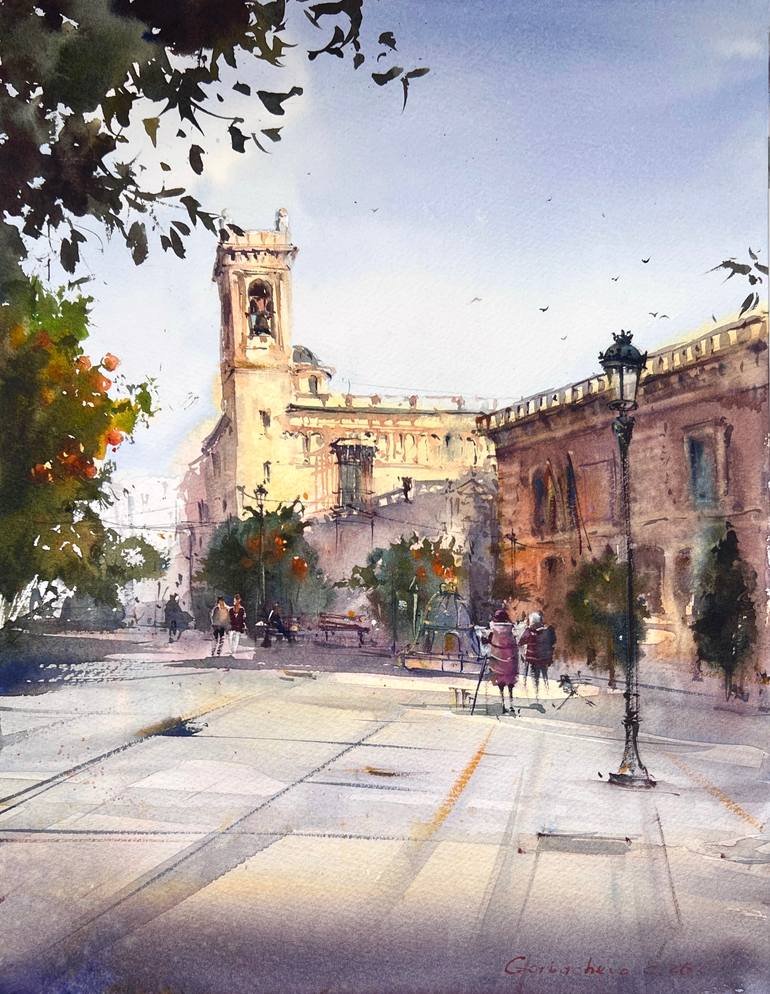 Original Architecture Painting by Eugenia Gorbacheva | Expressionism Art on Paper | Valencia's Warm Embrace
