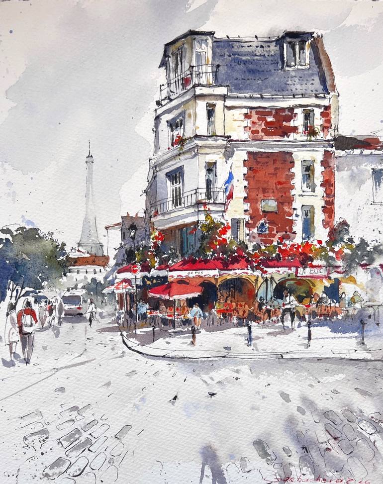Original Architecture Painting by Eugenia Gorbacheva | Expressionism Art on Paper | Parisian Daydream
