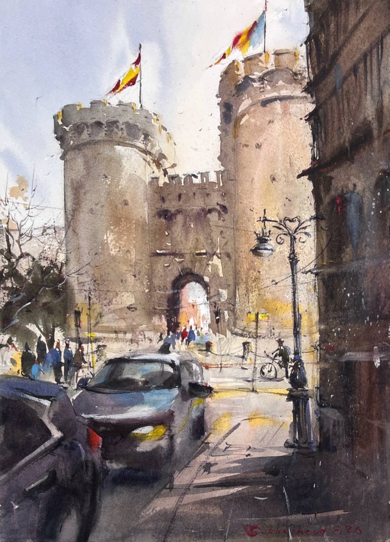 Original Architecture Painting by Eugenia Gorbacheva | Expressionism Art on Paper | Valencia Silent Towers