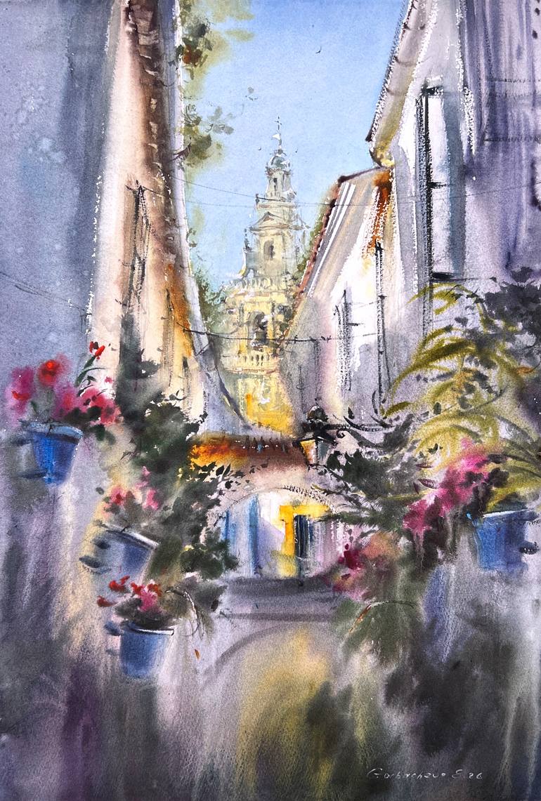 Original Architecture Painting by Eugenia Gorbacheva | Expressionism Art on Paper | Flowers of Cordoba