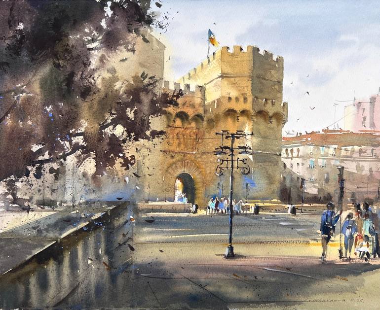 Original Architecture Painting by Eugenia Gorbacheva | Expressionism Art on Paper | Golden Gate Valencia