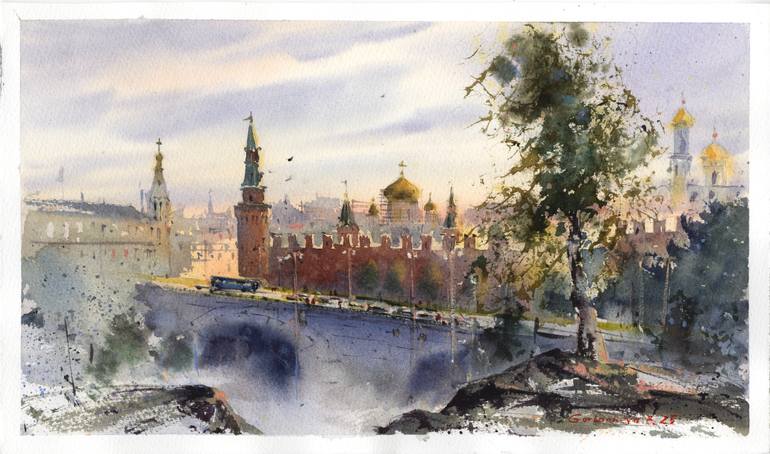 Original Architecture Painting by Eugenia Gorbacheva | Expressionism Art on Paper | Moscow Morning Light