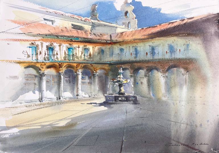 Original Architecture Painting by Eugenia Gorbacheva | Expressionism Art on Paper | Sun Over Cordoba