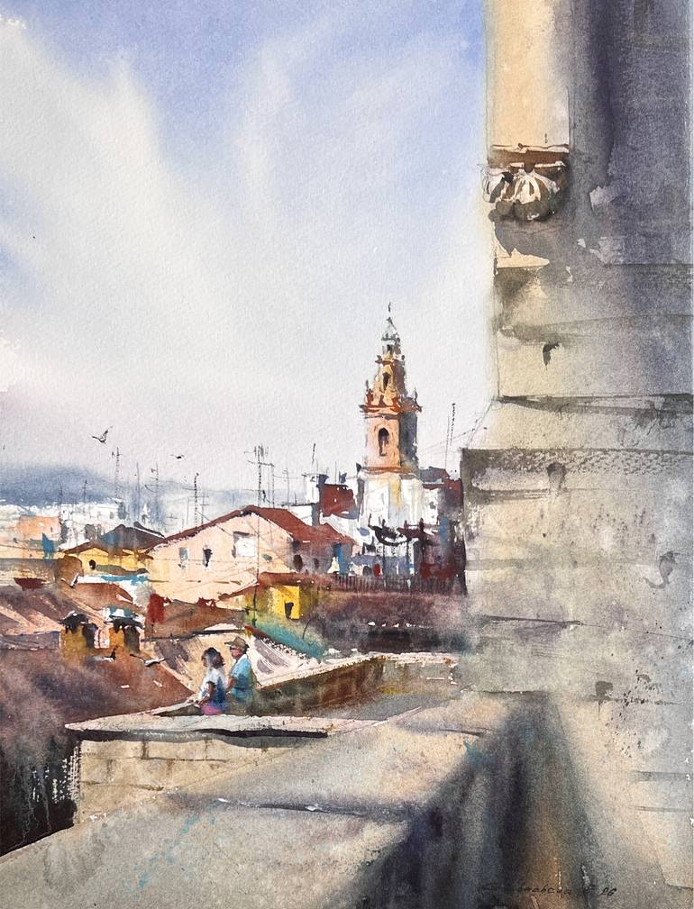 Original Architecture Painting by Eugenia Gorbacheva | Expressionism Art on Paper | Sun Over Old Spain