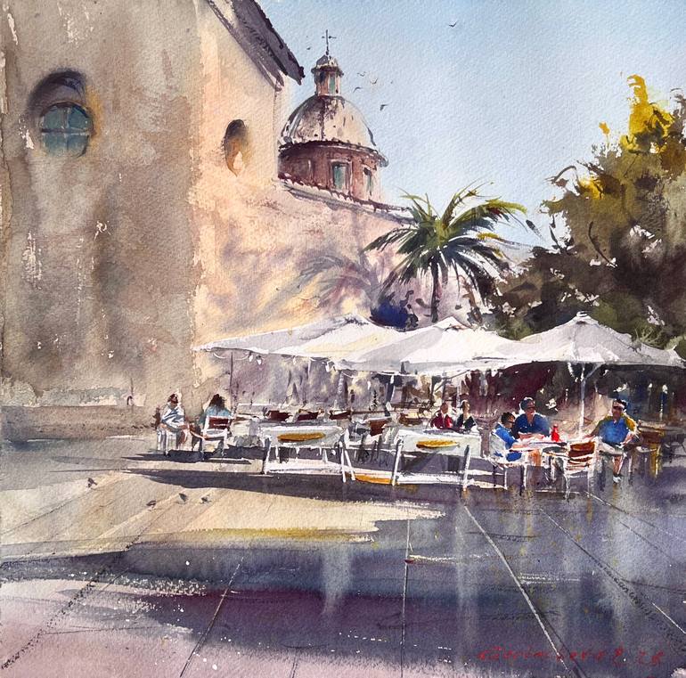 Original Architecture Painting by Eugenia Gorbacheva | Expressionism Art on Paper | Sun Over the Plaza