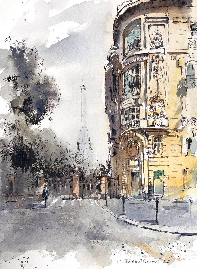 Original Architecture Painting by Eugenia Gorbacheva | Expressionism Art on Paper | Quiet Paris Light