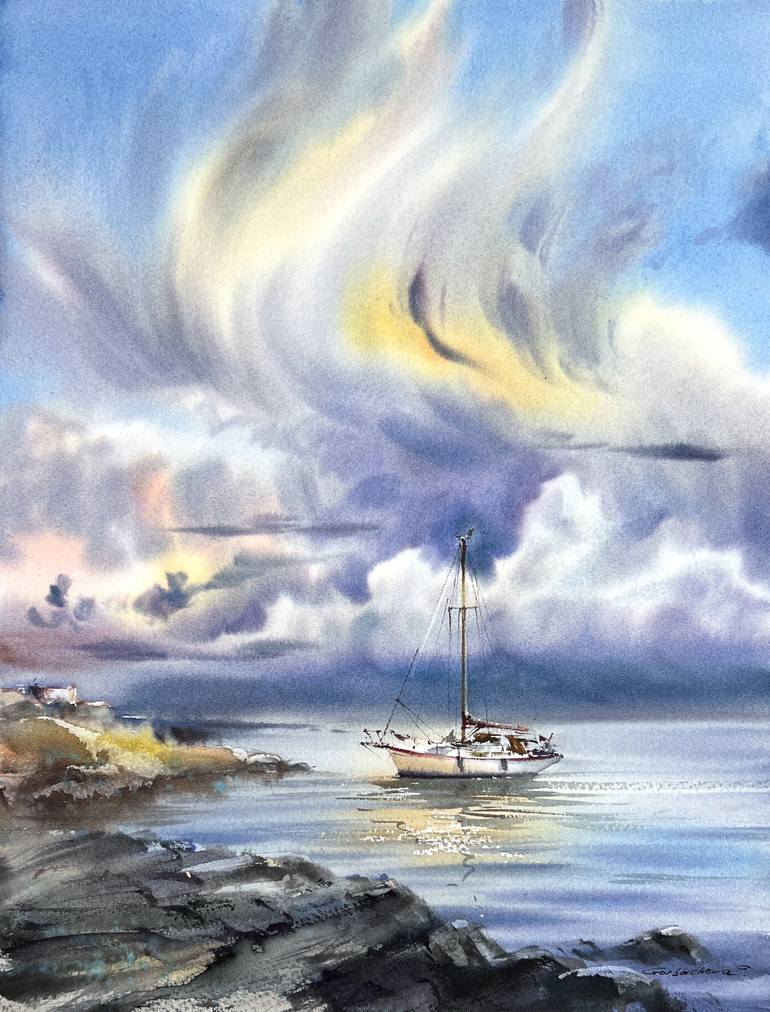 Original Seascape Painting by Eugenia Gorbacheva | Expressionism Art on Paper | Yacht under the sea skies